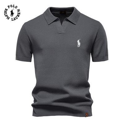 Summer Embroidery Large Pineapple Pattern Woolen Polo Sweater for Men's Business, Seagull Collar, Men's Short Sleeve Sweater