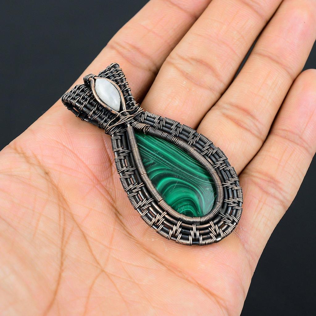 Malachite & Moonstone Gemstone Pendant Handmade Jewelry, 999 Copper Wire Wrapped Pendant Jewelry