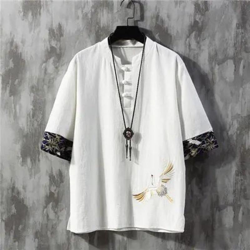 Summer Chinese Style Linen Short-sleeved T-shirt Men's Trend Youth Five-point Sleeve Thin Men's Cotton and Linen Bottoming Shirt
