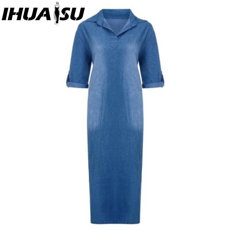 IHUASU Summer Denim Dress For Women Casual Spring Blue Maxi Dresses V Neck Half Sleeve Plus Size Long Dresses With Slit