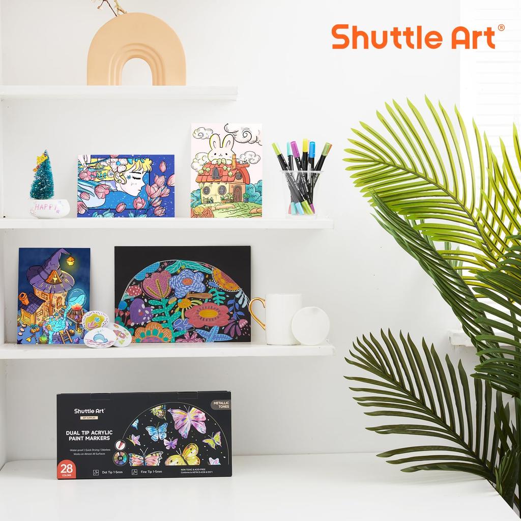 Shuttle Art Acrylic Metallic Dot and Brush Twin Pen Sparkling Glitter Acrylic Paint for Writing On and Handmade Art Gift Markers, Colors, Tip, Set,