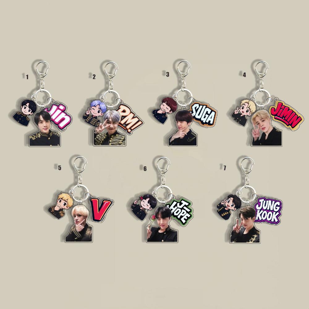 7pcs BTS Uniform Triple-Charm Keychain, Bangtan Boys Photo, Cartoon & Colorful Name Tag Keyring, Kpop Idol Bag Pendant for ARMY Fans