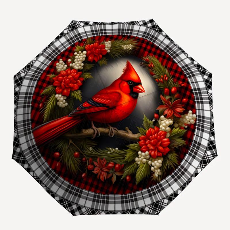 1pc Winter Cardinal Decor Automatic Folding Umbrella Durable Iron Frame,All Seasons Home Travel Outdoor Multifunctional Umbrella yy251115107