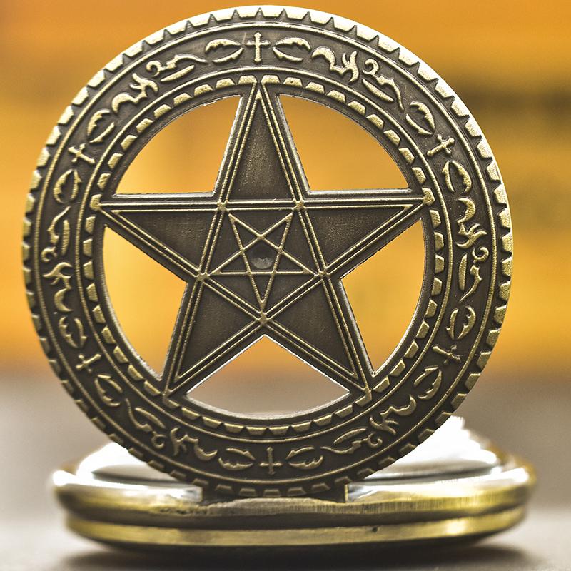Vintage Bronze Clamshell Pentagram Hollow Carving Male Female Gift Quartz Pocket Watch