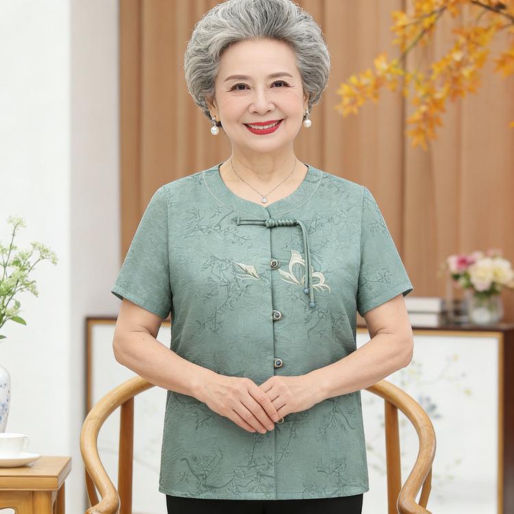 

Grandma s Summer Short-Sleeve Top - Stylish & Comfortable for Middle-Aged and Elderly Women 4XL for 68-75 kg зелёный