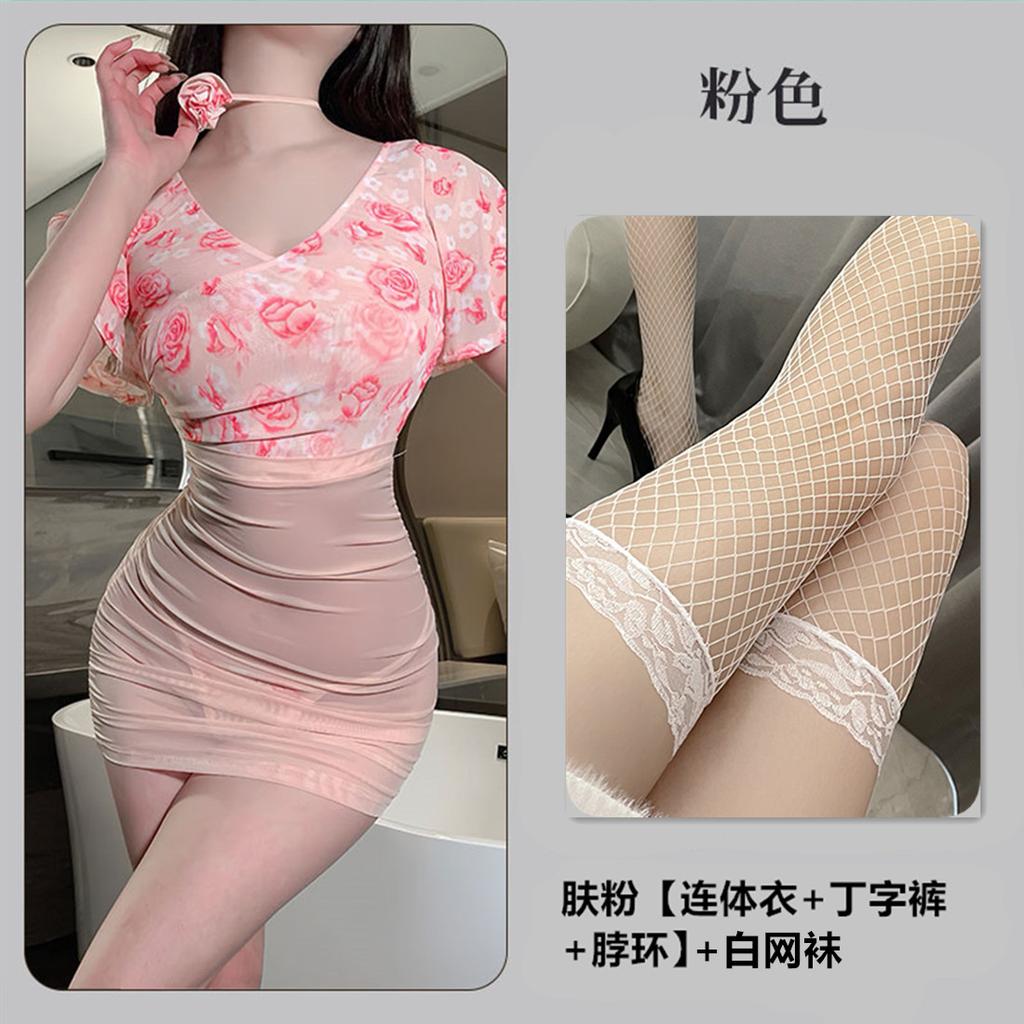 Sexy lingerie sexy perspective deep V floral rose gauze high waist hip skirt uniform 9