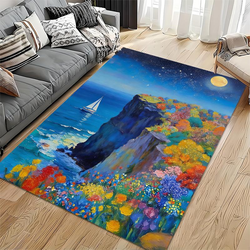 Colorful Landscape Rug with Cliff, Flowers, Sailboat, and Night Sky Suitable for Use As an Anti-slip for Living Room Bedroom Sofas