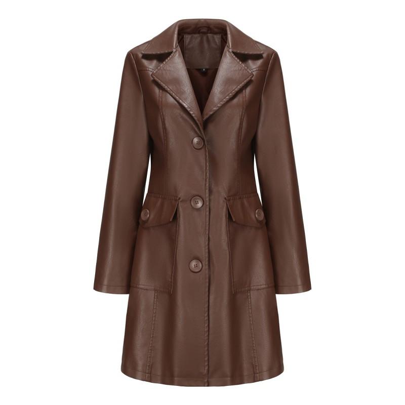Womens Long Leather Look Trench Coat