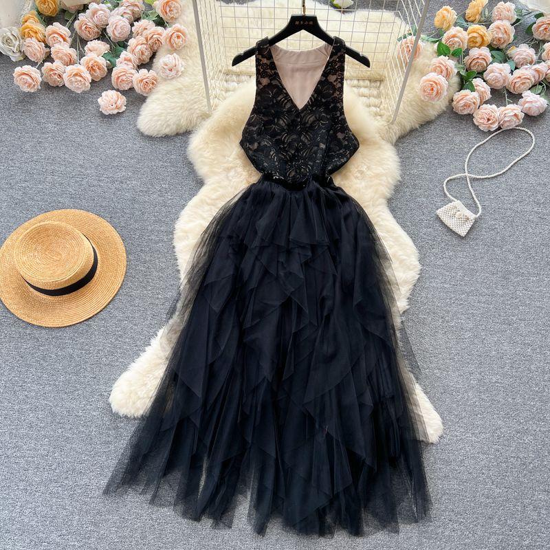 

Niche Style Lace Patchwork Dress Irregular Mesh Black One size
