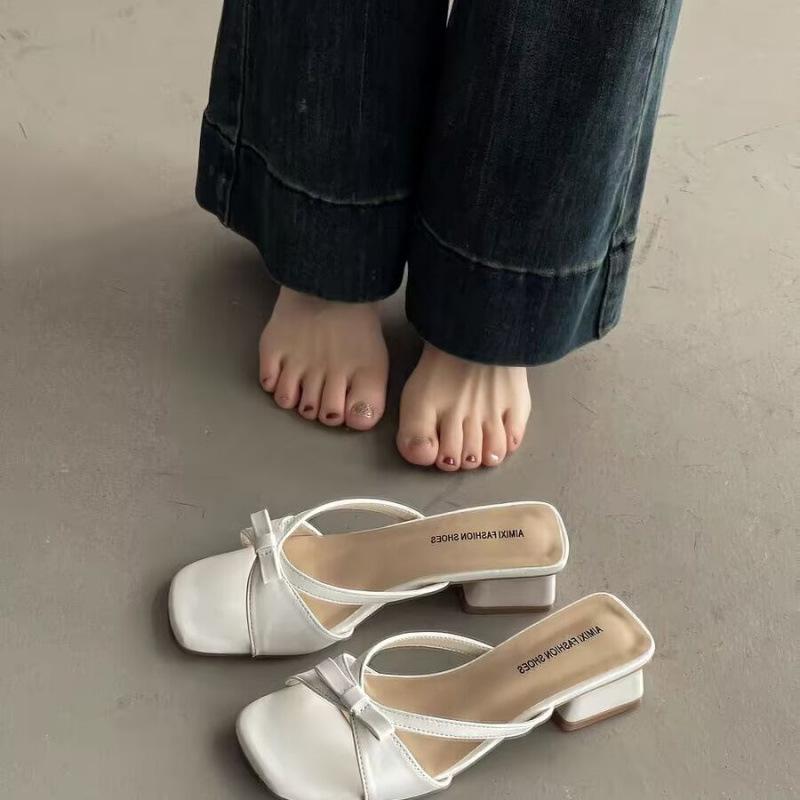 Xiaoxiangfeng high-heeled slippers thick-heeled fairy style French small sandals women's shoes summer with skirts one-word sandals