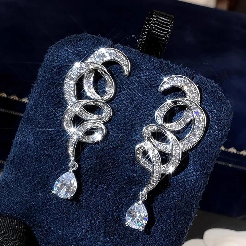 Huitan Trendy Waved Design Long Hanging Earrings for Women Luxury Silver Color CZ Crystal Dangle Earrings Wedding Party Jewelry