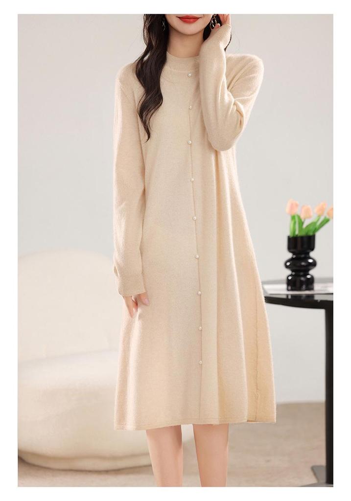 Women's Elegant Pearl Button Wool Dress - Autumn/Winter Knit, Half-High Collar, Loose Fit, Silk Luster Sweater
