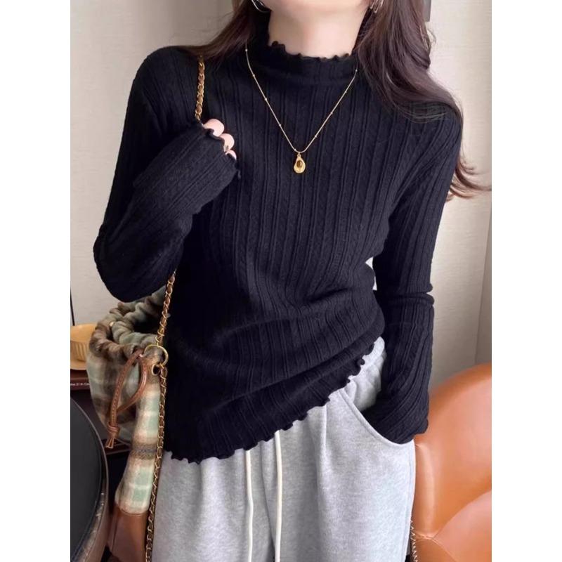 Spring Gentle Fungus Edge Semi-turtleneck Long-sleeved Sweater Femininity Slim and Thin Inner Top