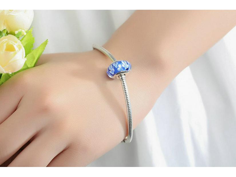 Sterling Silver 925 Blue Pattern Murano Glass Spacer Bead, Threaded, Large Hole, SCZ006