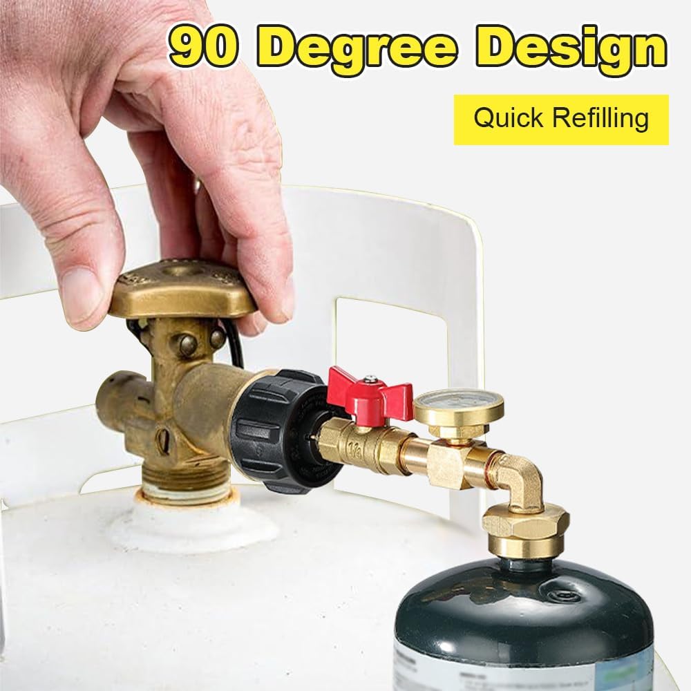 Upgraded Propane Refill Elbow Adapter with Tank Gauge,Fill 1 Pound Bottles from 20lb Tank, 1 Lb Throwaway Disposable Cylinder Propane Bottle
