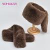 SOMALER Winter Faux Fur Hat Scarf Set Warm Women Flat Top Bucket Caps with Two Tails Caps Scarves
