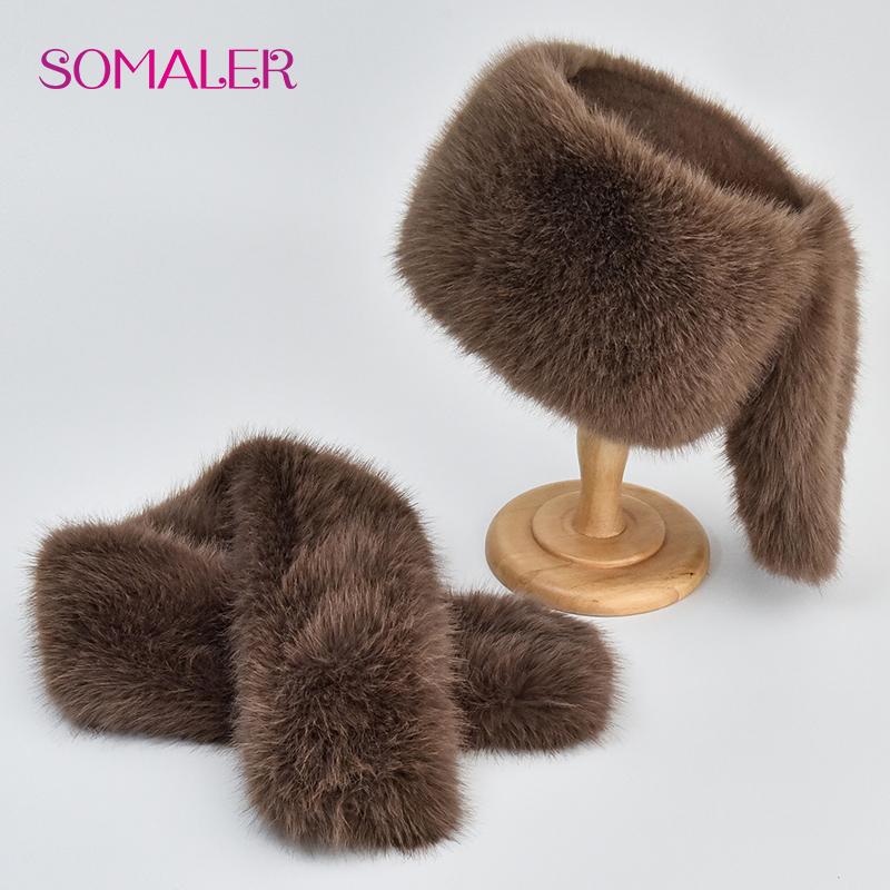 SOMALER Winter Faux Fur Hat Scarf Set Warm Women Flat Top Bucket Caps with Two Tails Caps Scarves