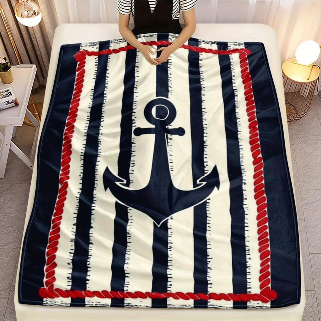 Nautical Anchor Stripe Design FleeceBlanket Navy Blue White Red Rope Border Soft Plush Throw Blanket for BeachHouseCoastal Style