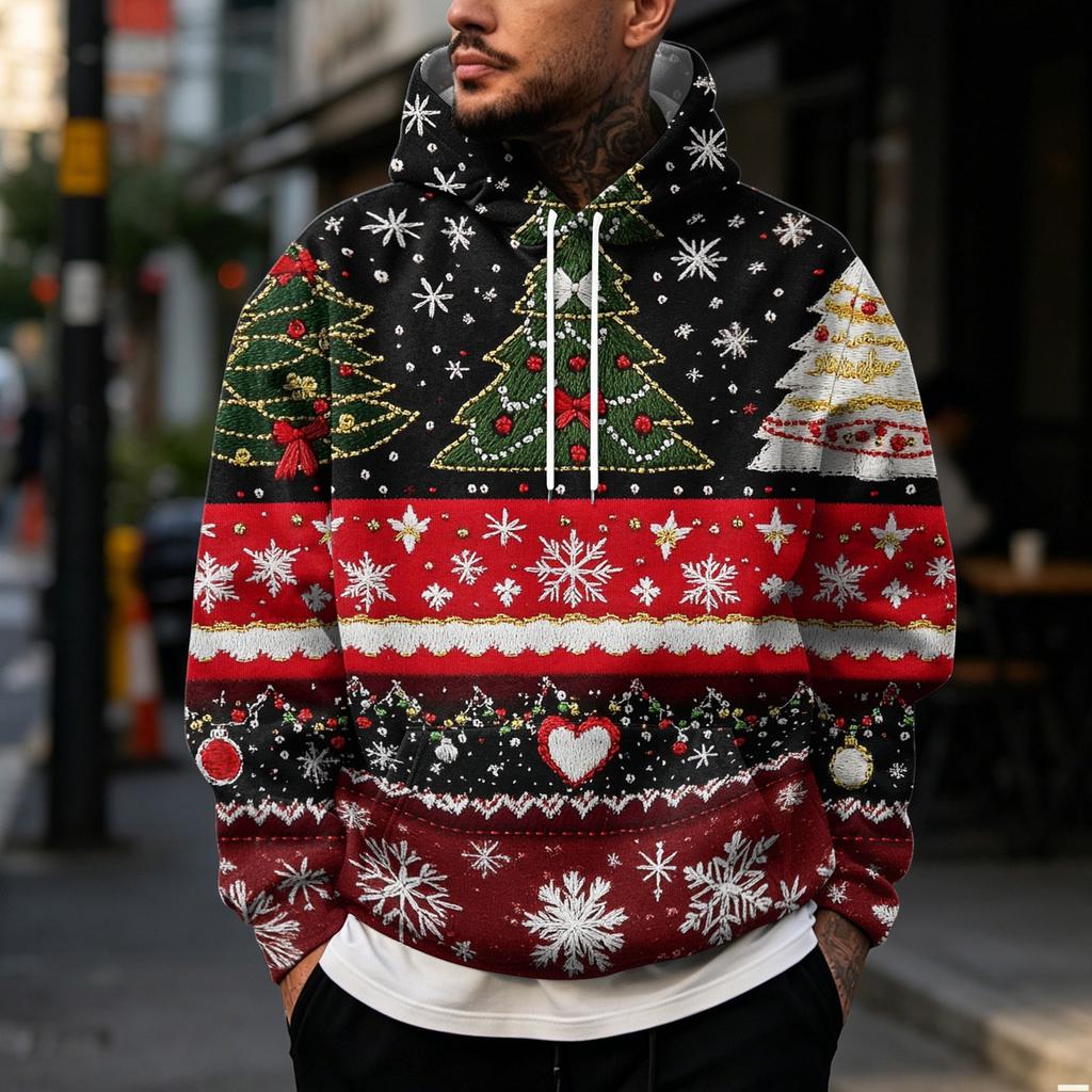 Men's Casual Trendy Christmas Print Loose Fit Pullover Hoodie Long Sleeve with Large Pockets