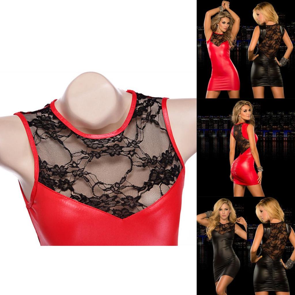 Women Alluring Bandage Bodycon Mini Dress Featuring Sexy Lace Detailing And Stretchy Synthetic Leather