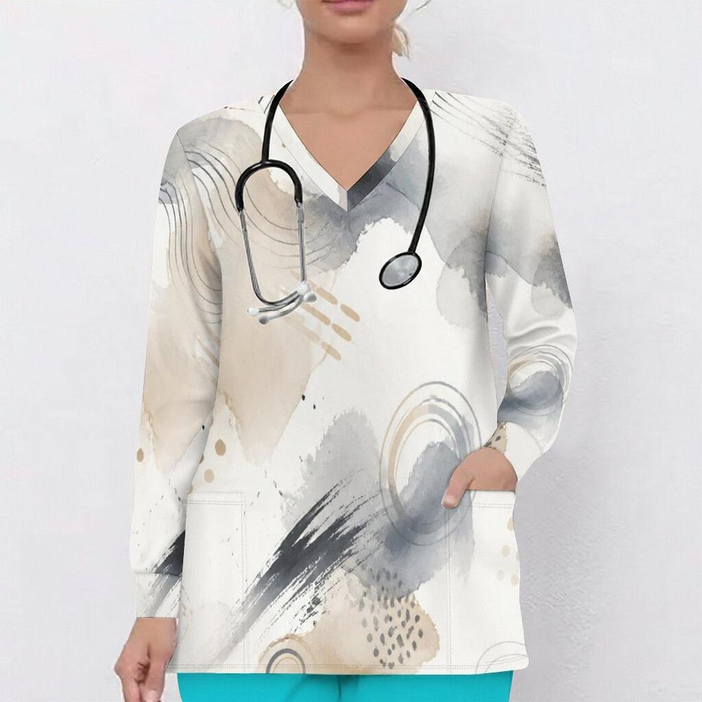 Women Plus Size Abstract Watercolor Printed V Neck Long Sleeve Nurse Scrub Top With Front Pockets