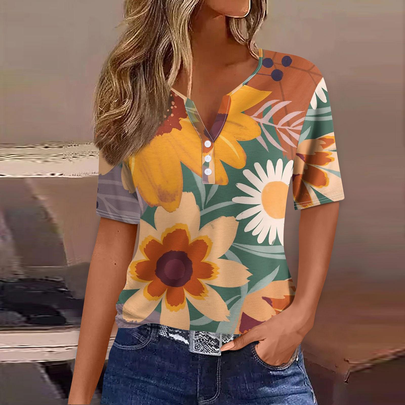 

Жен. Футболка Футболка С принтом Пуговицы С короткими рукавами Повседневные Выходные Мода Классический V-образный вырез Обычный Верх S оранжевый