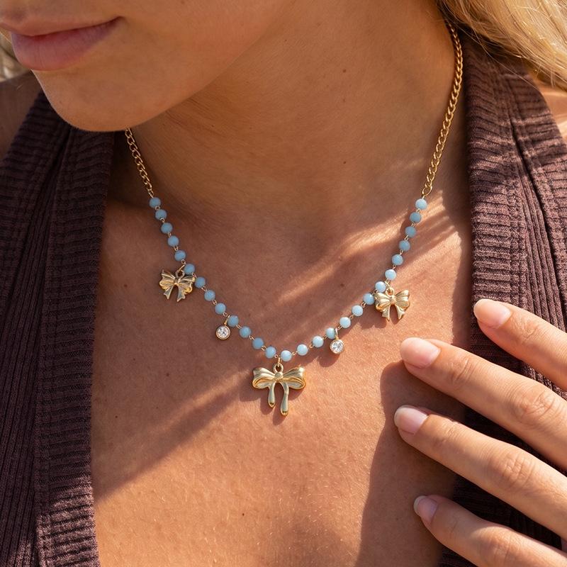 Blue beaded necklace for women, gold butterfly heart-shaped pendant, collarbone chain, niche design that doesn't fade