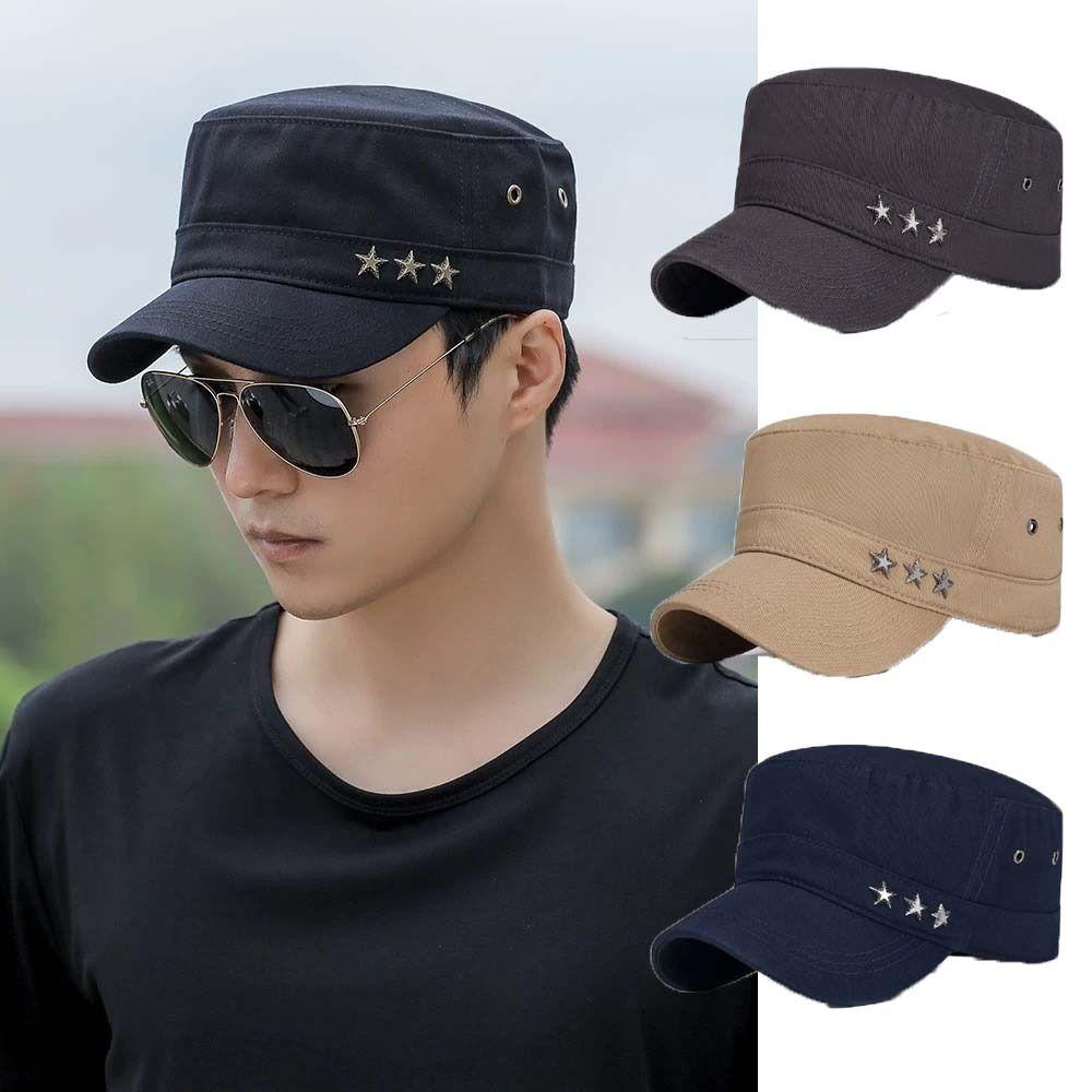 Solid Flat Top Hat Stars Sunshade Hat Breathable Cadet Hat Men Sunscrean