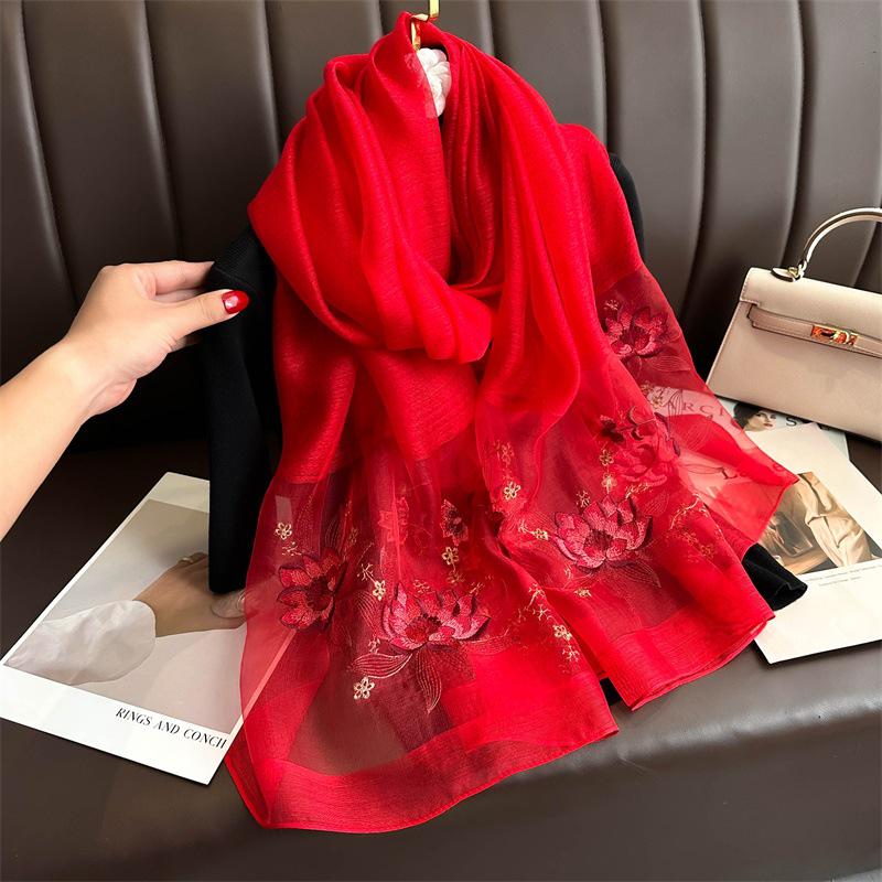 Hand-Embroidered Mulberry Silk Scarf - Elegant Spring & Autumn Shawl