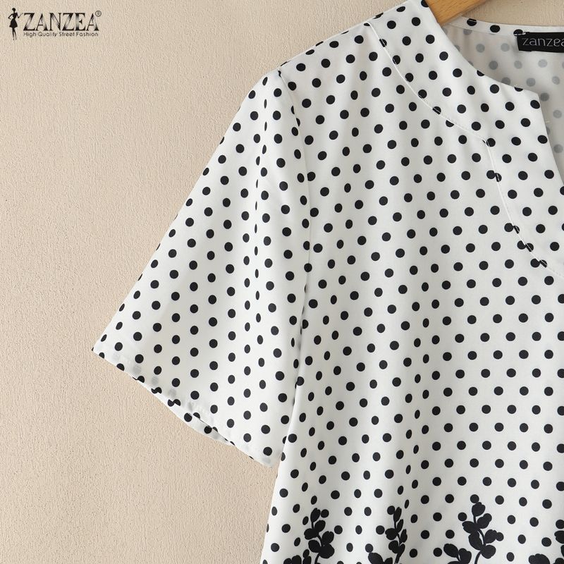 ZANZEA Women Polka Dot Print Casual V-Neck Loose Short Sleeve Blouse