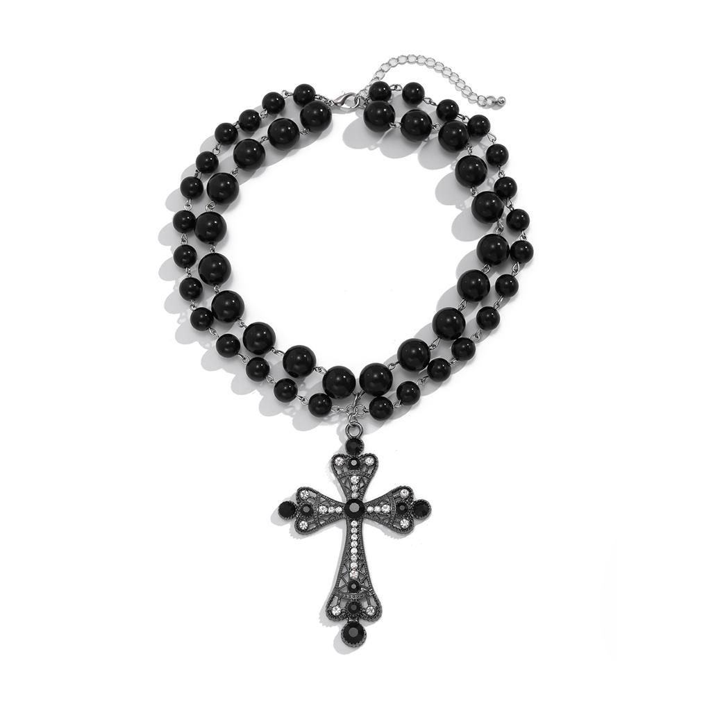 SHIXIN Gothic Style Large Cross Pendant Necklace for Women Vintage Multilayer Black Acrylic Beads Necklace Halloween Accessories