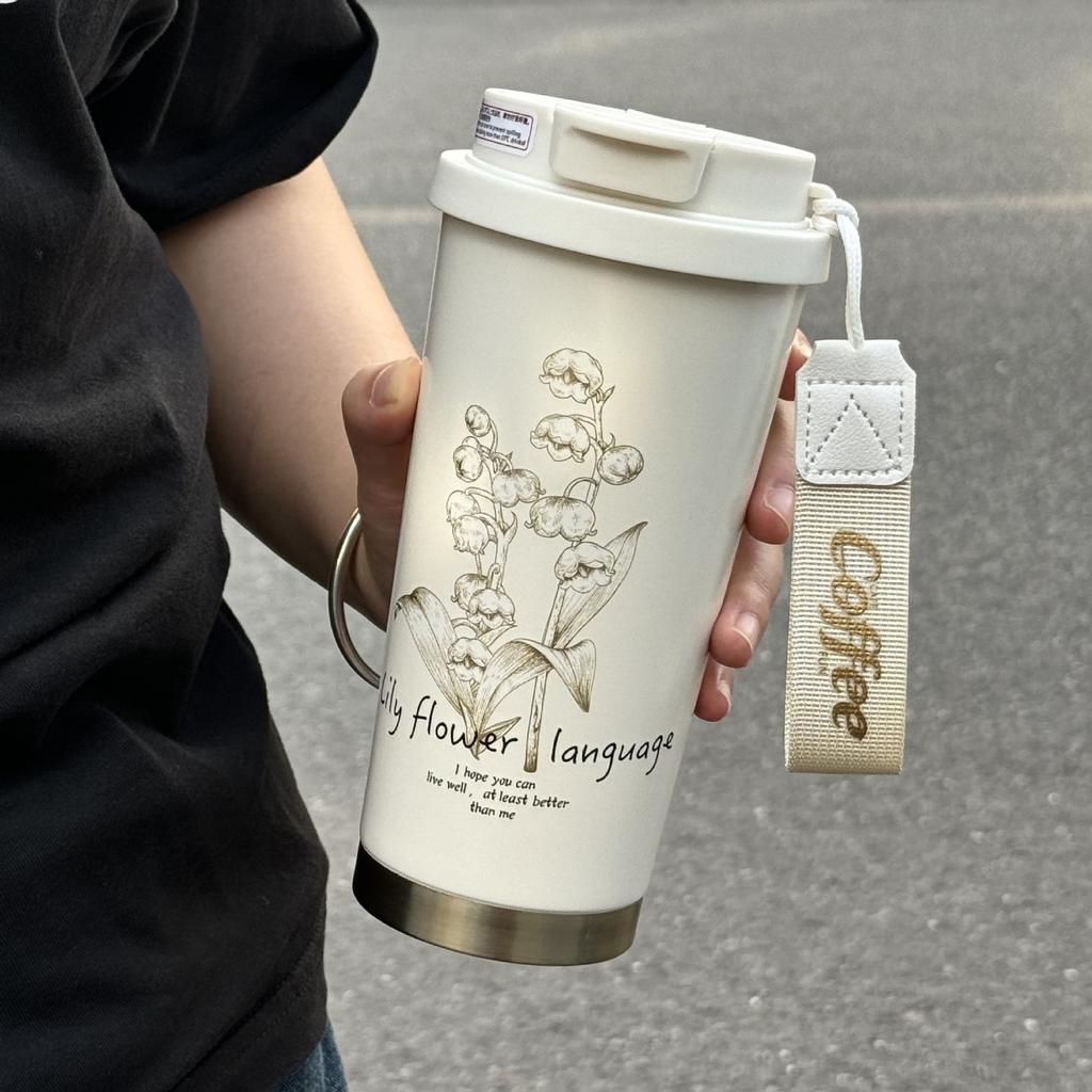 Lily Of The Valley Thermos Cup 316 Stainless Steel Coffee Cup Girls Large Capacity High Value Straw Water Cup