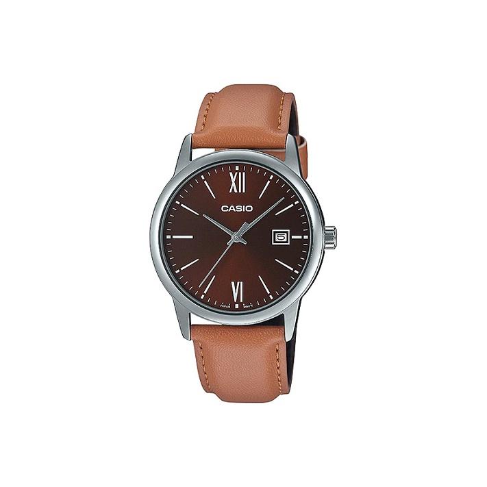 

Casio Standard Series Trendy Casual Versatile Simple Classic Pointer Date Display Waterproof Quartz Movement Genuine Leather Strap MTP-V002L-5B3 Coffee Watch Dial