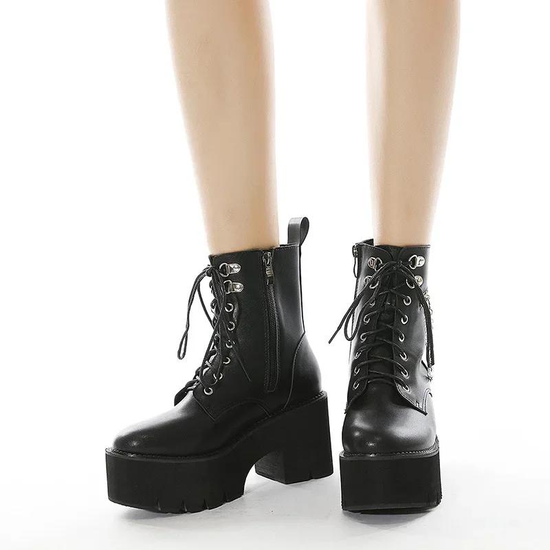 Fashion 2024 Gothic Black Ankle Boots For Women Plus High Heel Female Shoes Lace-Up Nigh Club Black Sexy Rivets Chain Short Boots