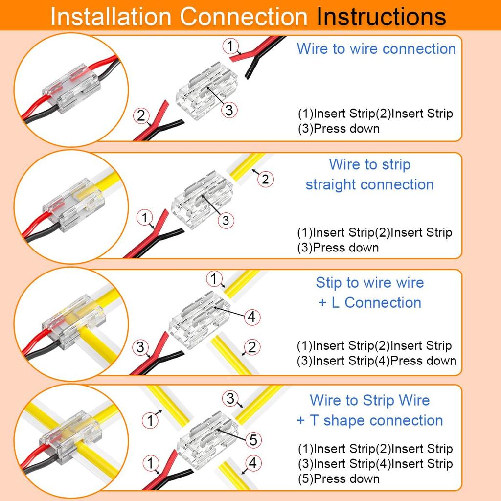 HAAMNING7 25-Pack 9-in-1 LED Connectors, 10mm 2-Pin, with 2m79-inch 22AWG Wire, for COB SMD 2835 3528 LED Strips, 9 Types of Connection Light