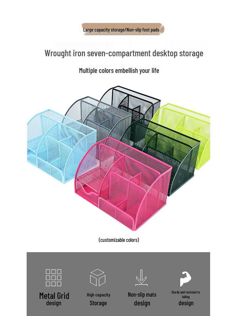 Metal Cutout Seven-Compartment Desktop Organizer: Multifunctional Pen Holder & Desk Storage Rack