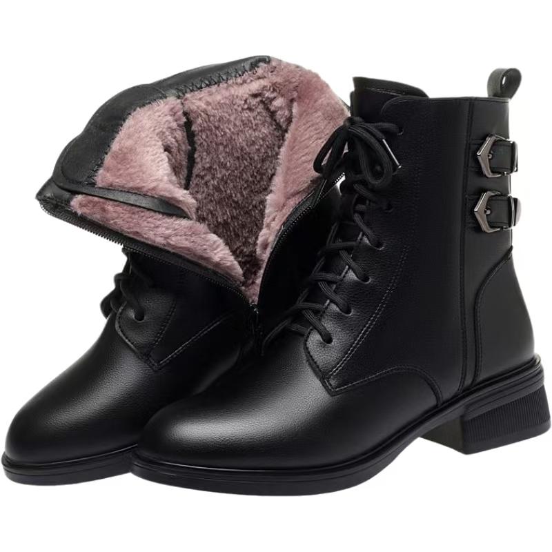 Women Winter Block Heel Real Leather Ankle Cotton Boots Thick Sole Non Slip Round Toe Waterproof Plush Warm Zippers Snow Boots