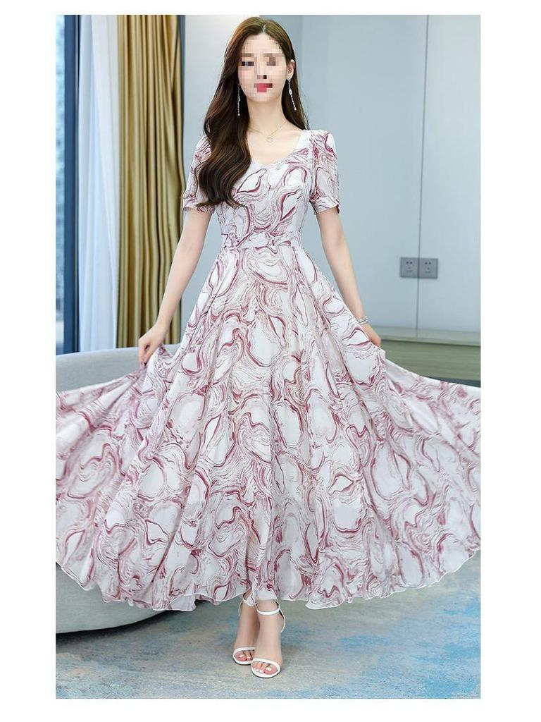 2026 Women's Summer Fashion: Short Sleeve Plus Size Slimming Dress with Printed Long Skirt
