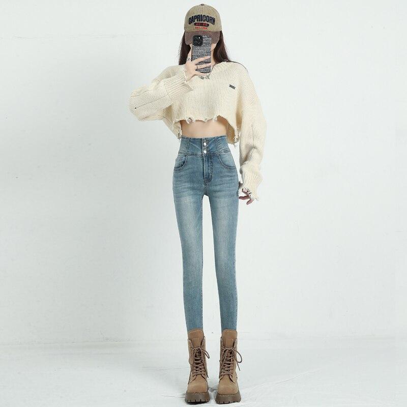 

Harajuku винтажные повседневные облегающие женские брюки-карандаш узкие эластичные женские джинсы с высокой талией прямые модные брюки уличная одежда 31 синий