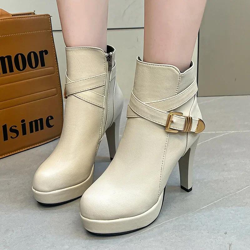 2024 Zima Nová Móda Evropa a Spojené státy Ultra-vysoký Podpatek Úzký Boční Zip Vodotěsná Platforma Nízké Holenní Kotníkové Boty