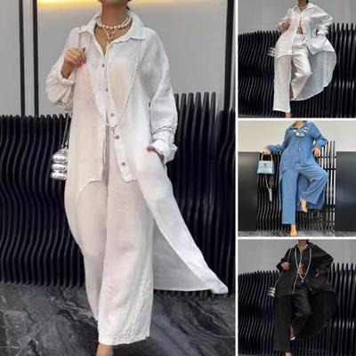 2 Pcs/Set Fall Spring Women Shirt Pants Set Long Sleeves Lapel Lace Cuff Button-down Irregular