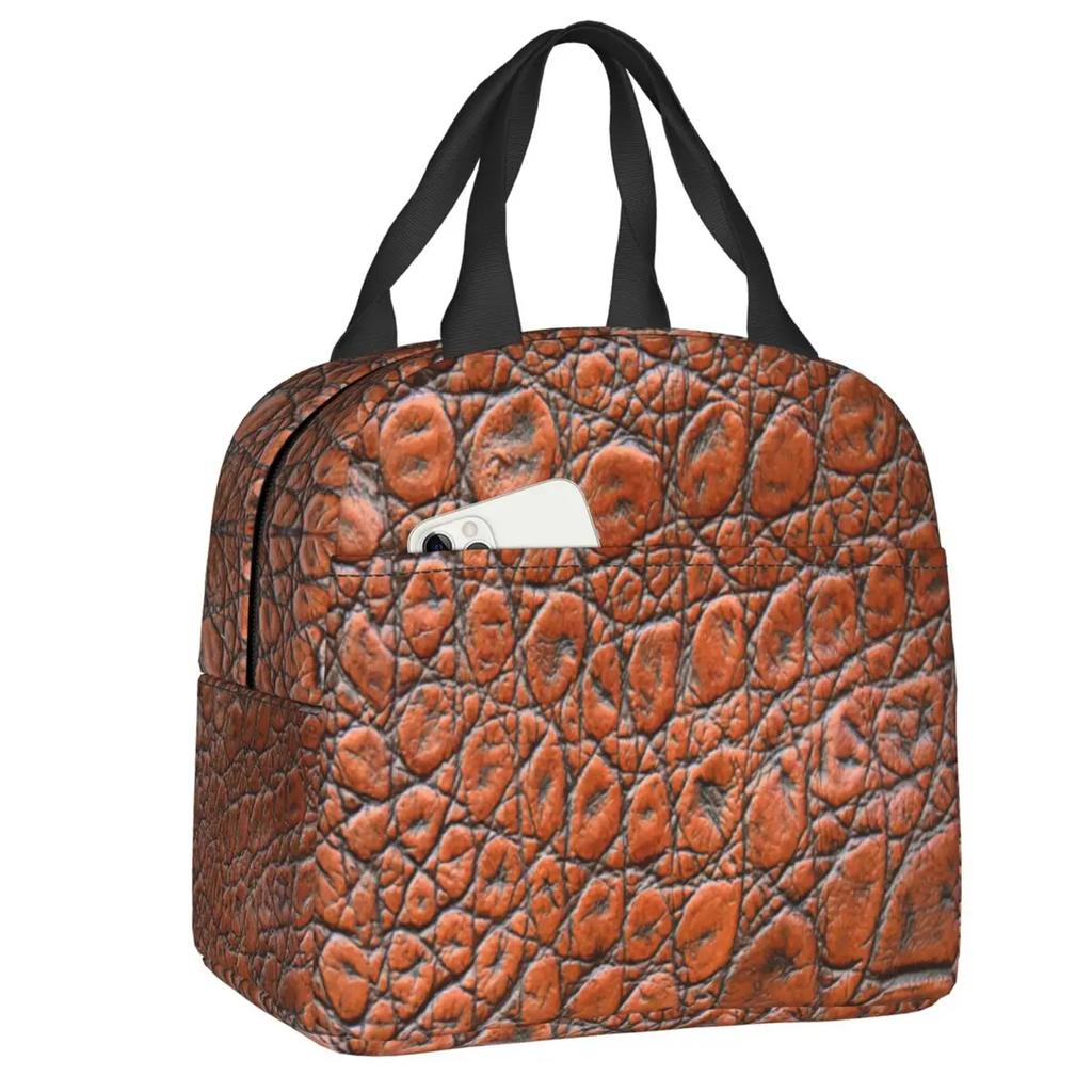 Siyah Timsah Derisi Deri Yalıtımlı Yemek Çantaları İş Okul için Timsah Dokusu Soğutucu Termal Yemek Kutusu Kadın Çocuk