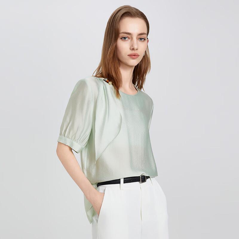Women s Beaded Collar Short Sleeve Shirt L