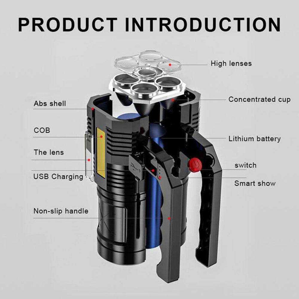 4-Core Powerful Outdoors Flashlight Portable Led Handheld Lantern Usb Rechargeable Waterproof Zoom Emergency Light For Camping