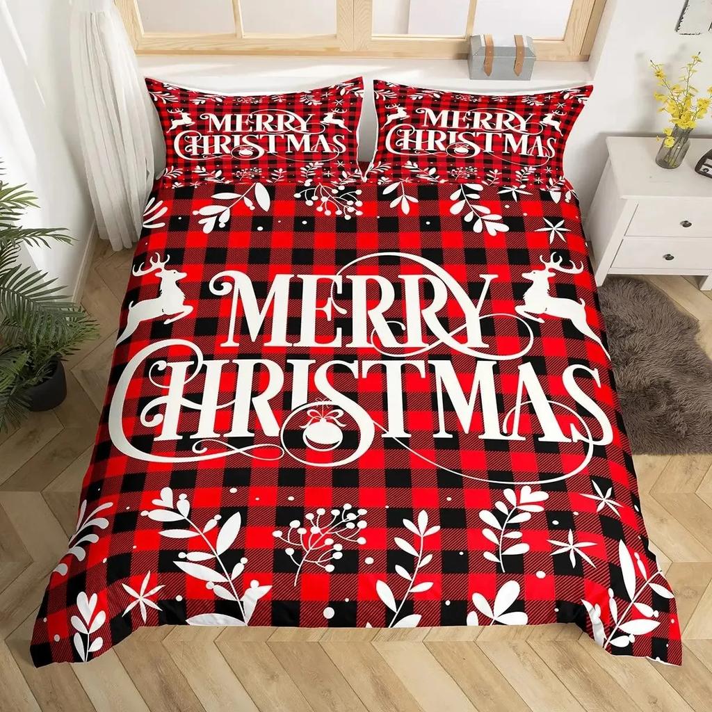 Frohe Weihnachten Bettbezug-Set, Rot kariert Rustikaler Truck Bettdeckenbezug, Karierte Weihnachtsbaum Elch Hirsch Schneeflocke Bettwäsche-Sets