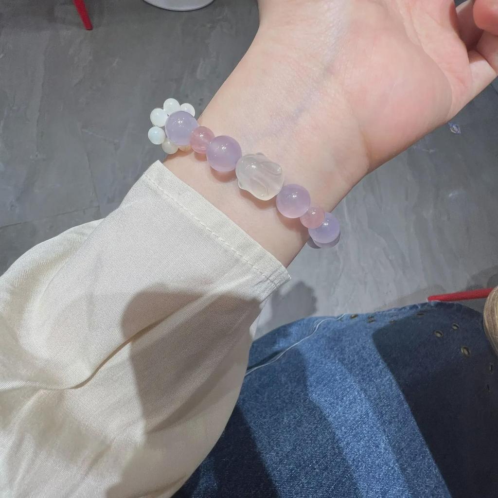 Violet Chalcedony Lychee Agate & Strawberry Crystal Bracelet for Women and Girls