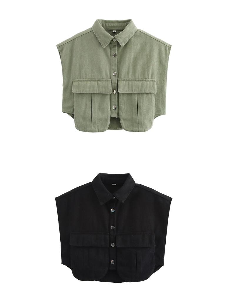 Women's Sleeveless Cardigan: Plain Color, Large Pockets, Polo Collar, Denim Top, High-Quality Feel