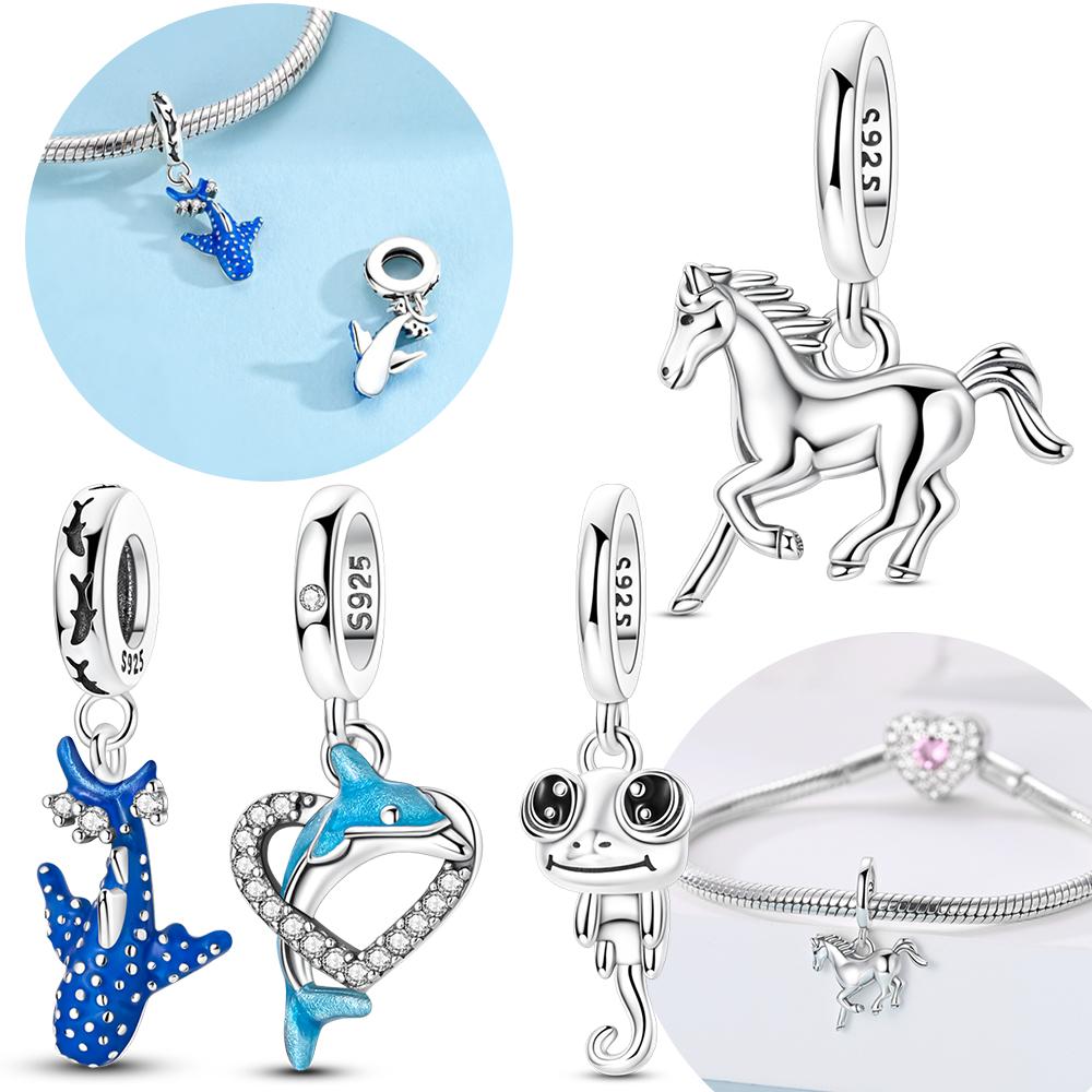 Authentic Original Copper Metal Blue Whale Frog Pendant Bead Component Animal Horse Bead Components Compatible With Bracelet High Quality Fine