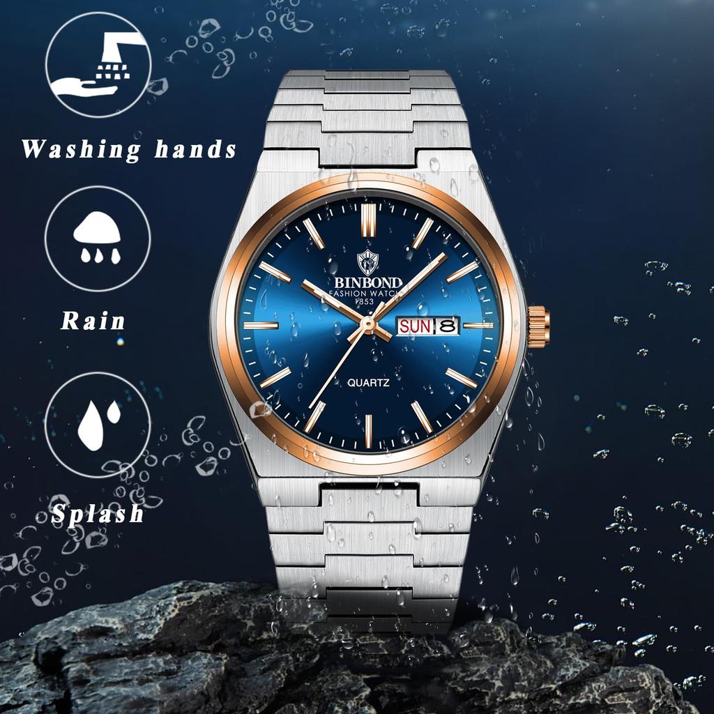 Men's Analog Watch with Stainless Steel Case, 3ATM Water Resistance, Calendar, Quartz Movement, and GoldSilver Colors - Perfect for Birthdays,