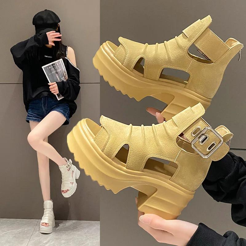 Platform Sandalias Female Hollow Fashion Sandals Boots Fish Mouth High Help Heel Summer Casual2024 Versatile Black Zapatos Mujer